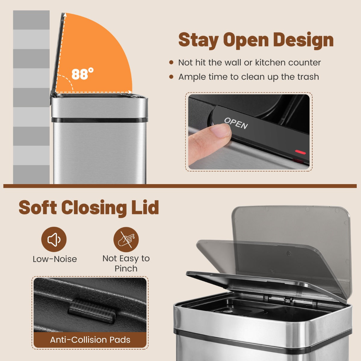 LIVSK Afvalcontainer met Bewegingssensor - 72L - 46,5L Bovenvak - 3,5L Bak - 2x11L Recycling - Roestvrij staal - Zilver