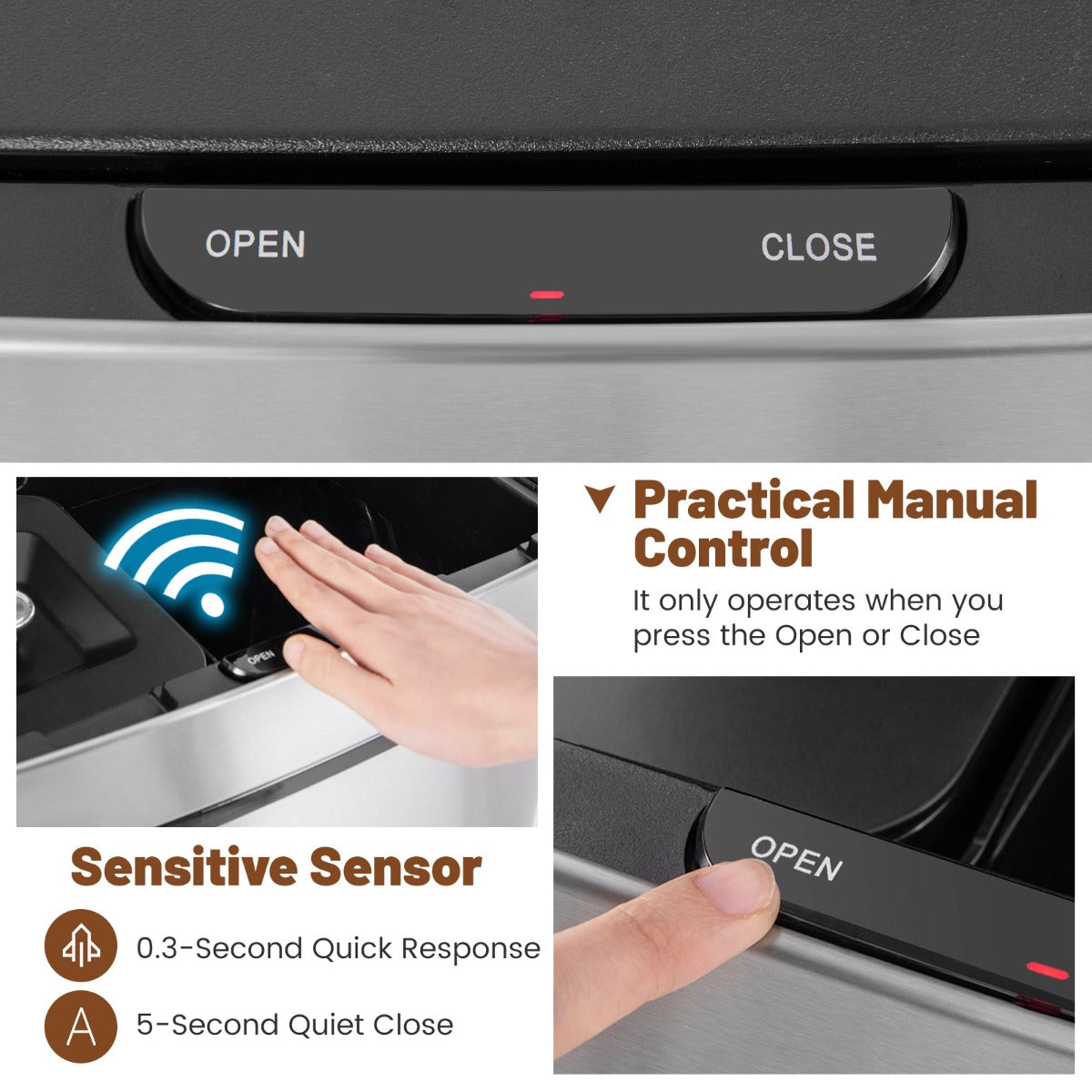 LIVSK Afvalcontainer met Bewegingssensor - 72L - 46,5L Bovenvak - 3,5L Bak - 2x11L Recycling - Roestvrij staal - Zilver