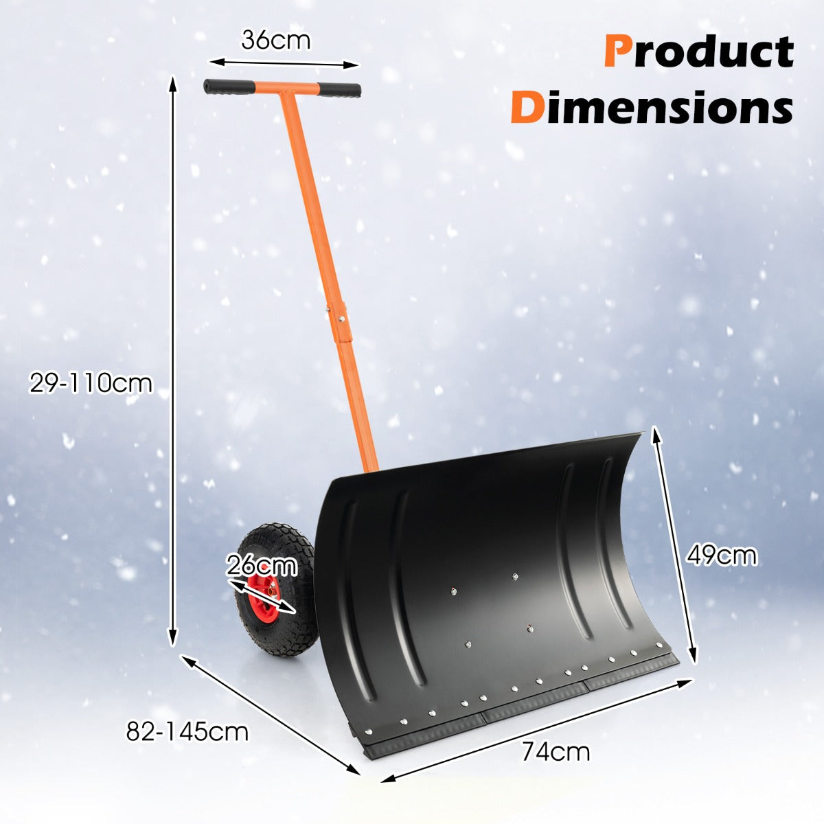 Livsk costway 74 cm metalen sneeuwschuiver met wielen 1 1