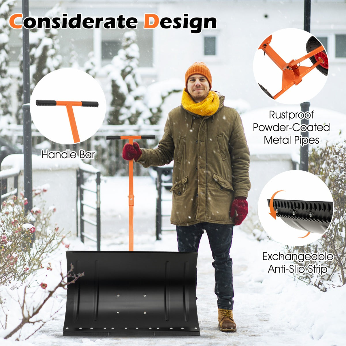 Livsk costway 74 cm metalen sneeuwschuiver met wielen 6
