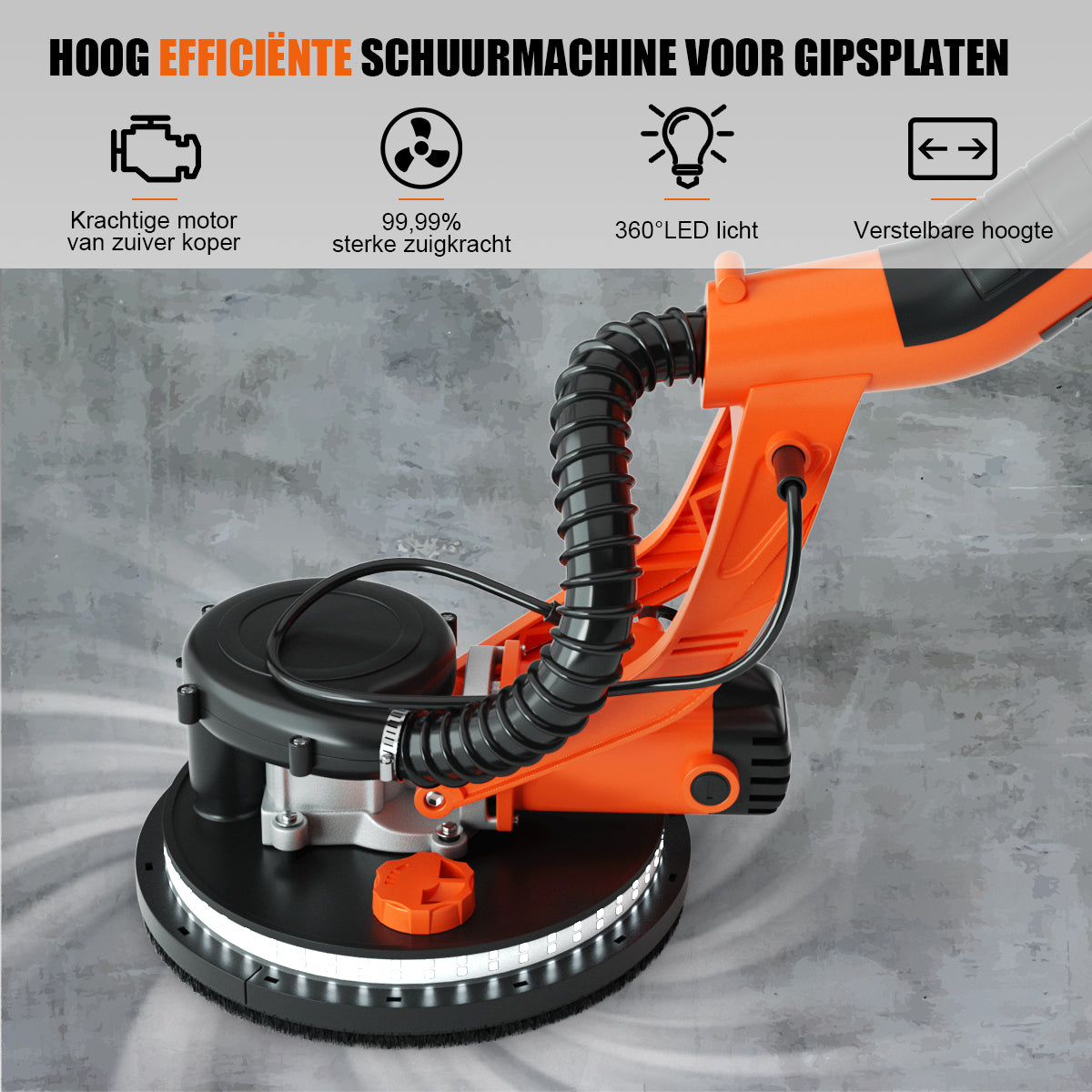 LIVSK Elektrische Schuurmachine voor Gipsplaten - 750W Motor - 6 Snelheden - Automatisch Stofzuigsysteem - Telescopische