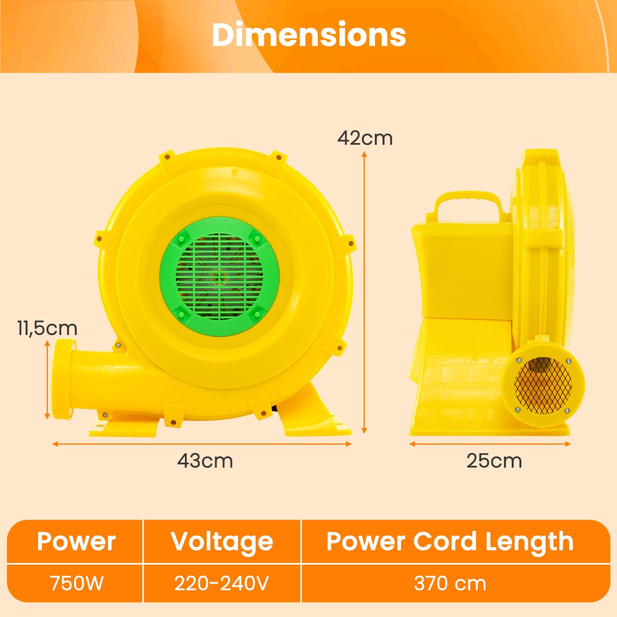 LIVSK Commerciële Luchtblazer 750W - Draagbaar met Handgreep - Waterdichte Schakelaar - Aardpennen - 1250 m³/u - Geel