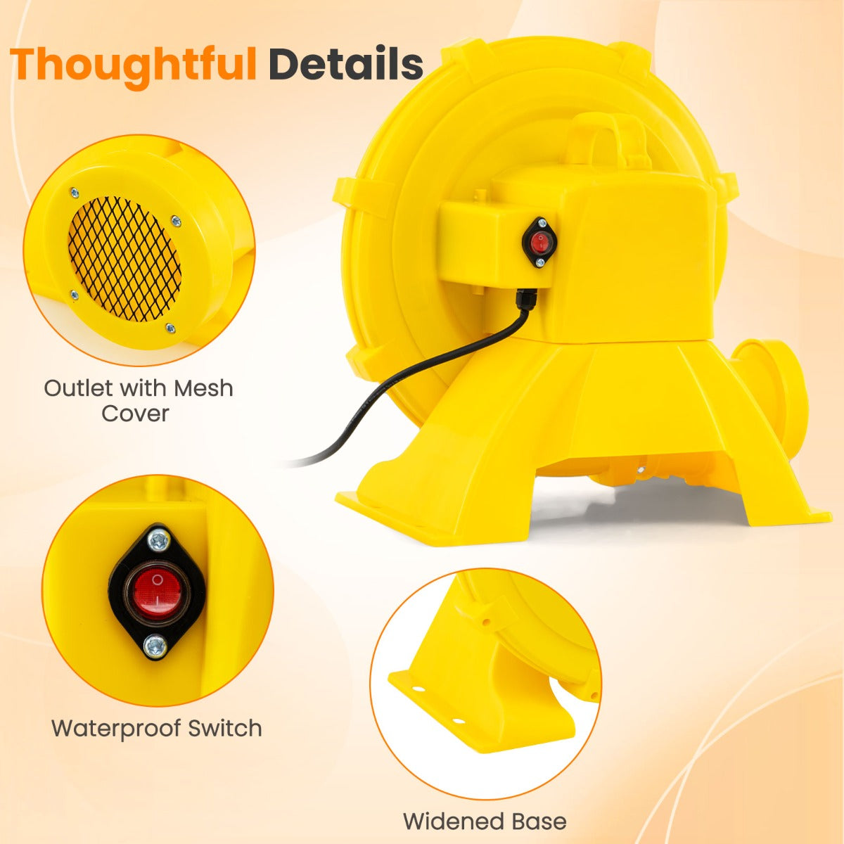 LIVSK Commerciële Luchtblazer 750W - Draagbaar met Handgreep - Waterdichte Schakelaar - Aardpennen - 1250 m³/u - Geel