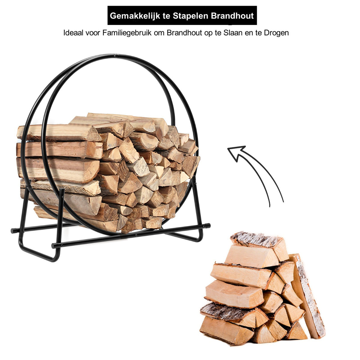LIVSK Robuust Stalen Brandhout Opslagrek - A-vormig Ontwerp - Duurzaam en Draagbaar - Voor 1/4 Kop-Koord - Zwart