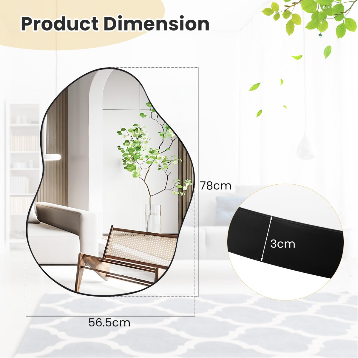 LIVSK Asymmetrische Wandspiegel - Uniek Design - HD Reflectie - Flexibele Ophangopties - 78 x 56 cm - Goud/Zwart