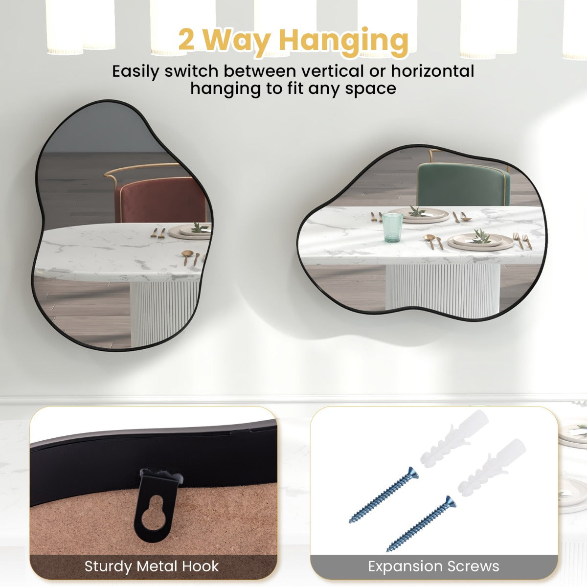 LIVSK Asymmetrische Wandspiegel - Uniek Design - HD Reflectie - Flexibele Ophangopties - 78 x 56 cm - Goud/Zwart