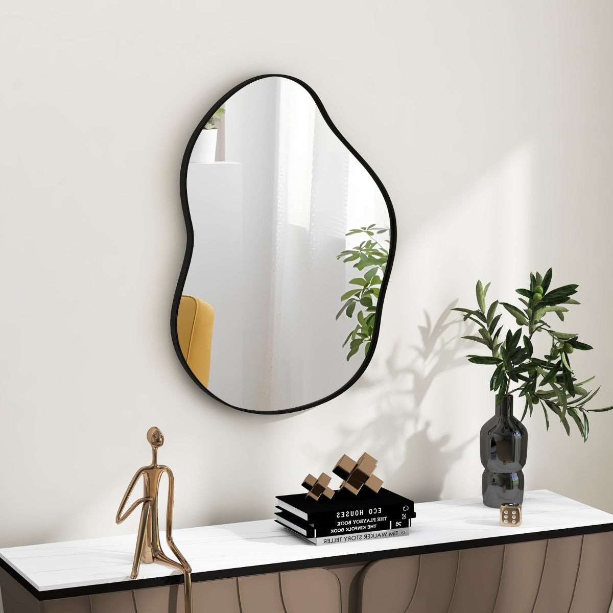 LIVSK Asymmetrische Wandspiegel - Uniek Design - HD Reflectie - Flexibele Ophangopties - 78 x 56 cm - Goud/Zwart
