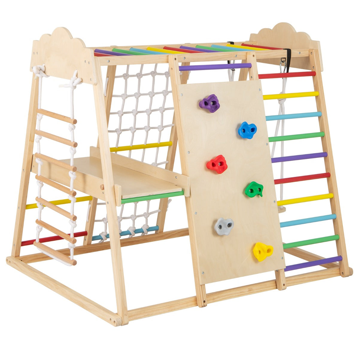 LIVSK 8 - in - 1 Montessori Klimrek - Houten Klimstangen - Glijbaan - Schommel - Touwladder - Klimstenen - Veilig Speelgoed