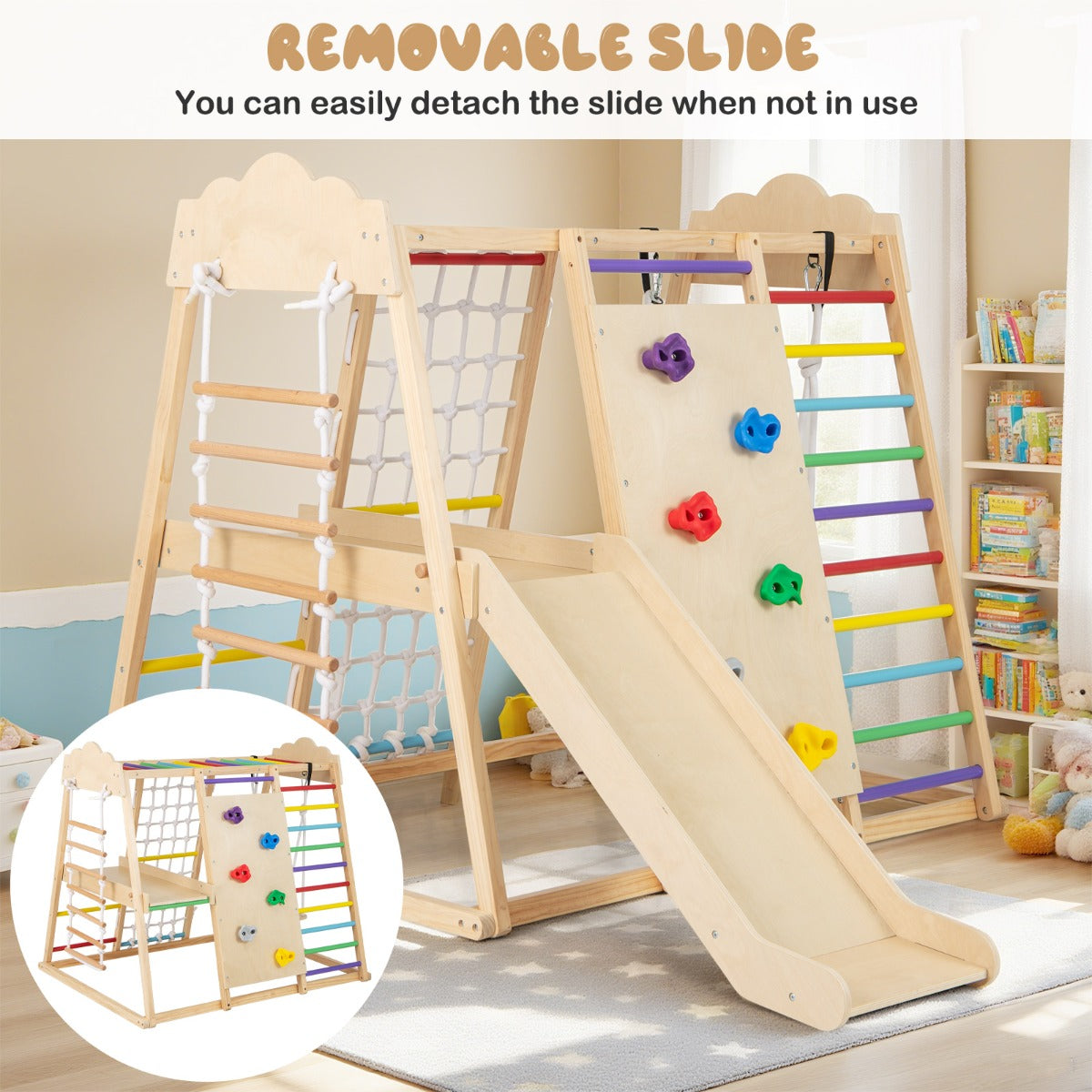 LIVSK 8 - in - 1 Montessori Klimrek - Houten Klimstangen - Glijbaan - Schommel - Touwladder - Klimstenen - Veilig Speelgoed
