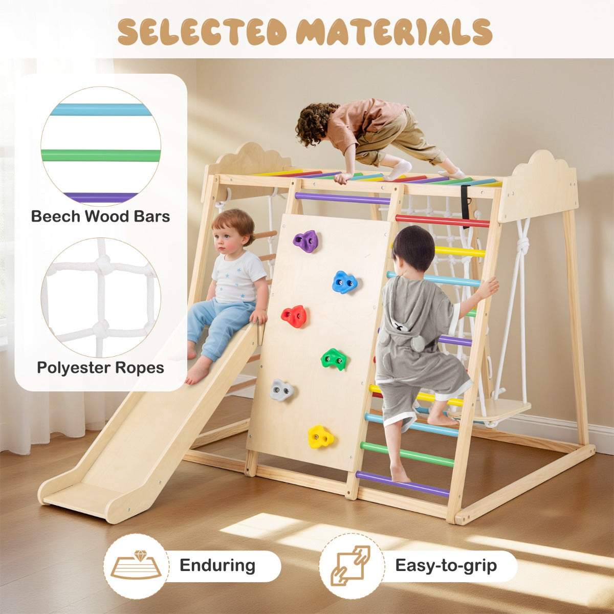 LIVSK 8 - in - 1 Montessori Klimrek - Houten Klimstangen - Glijbaan - Schommel - Touwladder - Klimstenen - Veilig Speelgoed