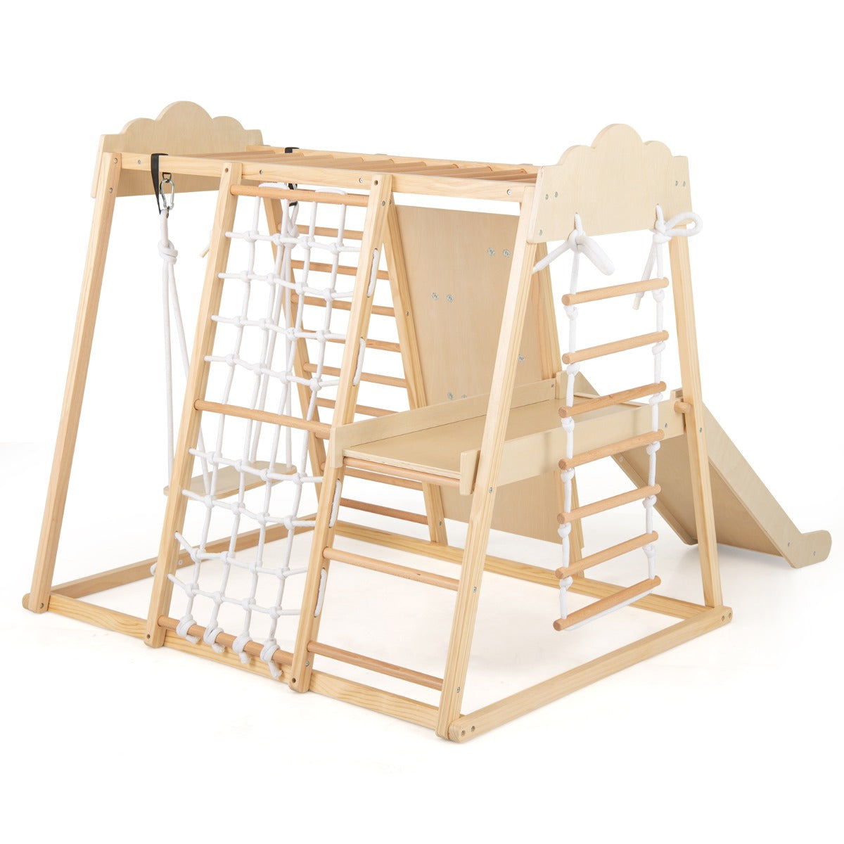 LIVSK Indoor Klimtoren 8 - in - 1 - Houten Montessori Speelset met Glijbaan, Schommel en Klimstenen - Veilig en Ruim - Natuurlijk