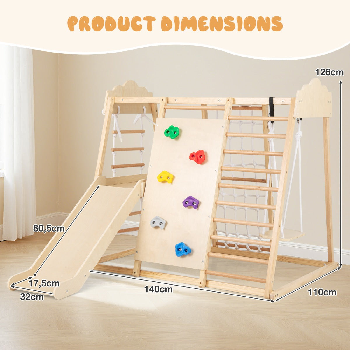 LIVSK Indoor Klimtoren 8 - in - 1 - Houten Montessori Speelset met Glijbaan, Schommel en Klimstenen - Veilig en Ruim - Natuurlijk