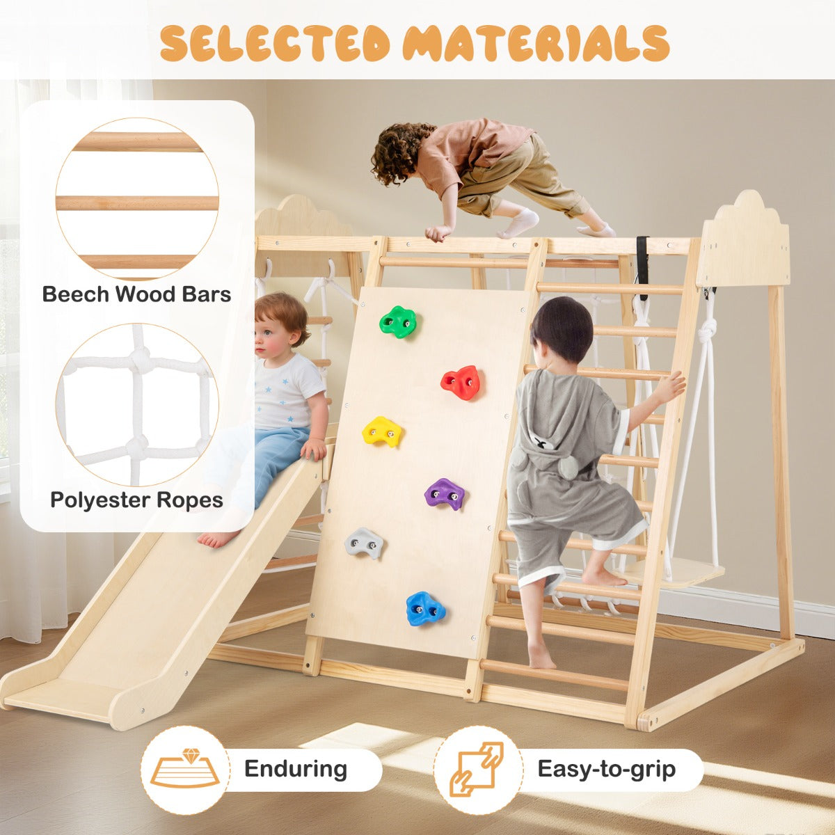 LIVSK Indoor Klimtoren 8 - in - 1 - Houten Montessori Speelset met Glijbaan, Schommel en Klimstenen - Veilig en Ruim - Natuurlijk