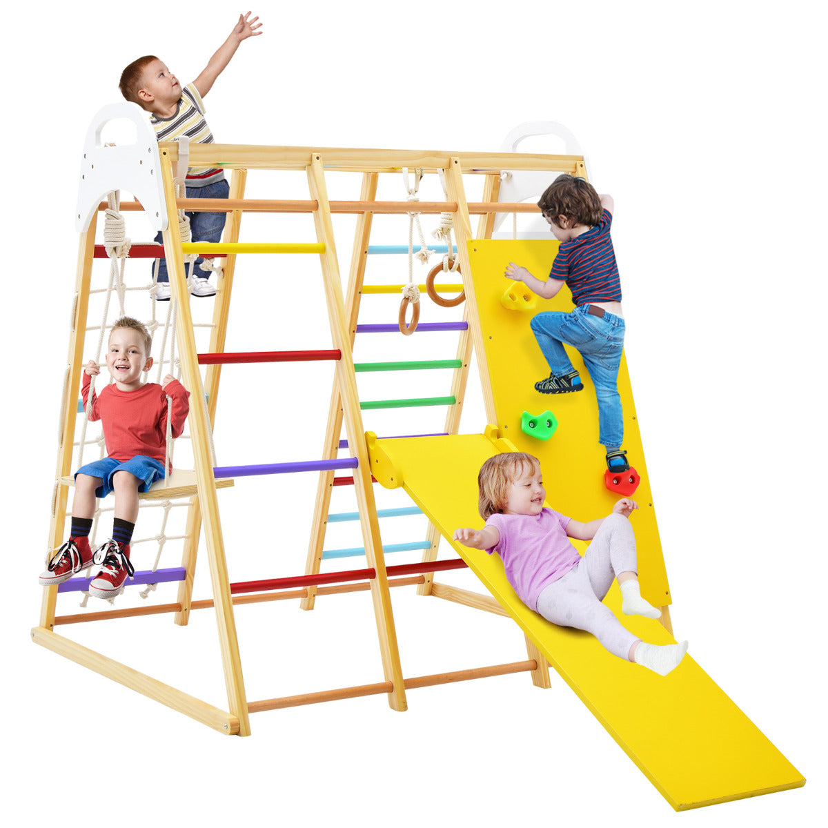 LIVSK 8-in-1 Houten Speelplaats - Klimrek, Turnringen, Glijbaan, Touwladder - Voor 4 Kinderen - 127 x 118 x 138 cm - Kleurrijk