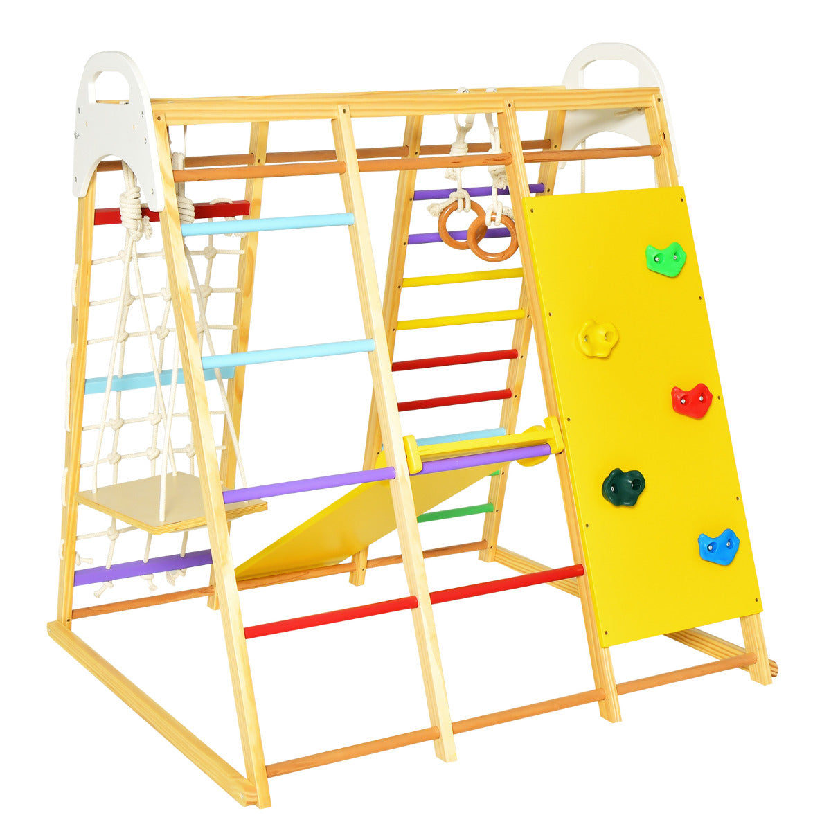 LIVSK 8-in-1 Houten Speelplaats - Klimrek, Turnringen, Glijbaan, Touwladder - Voor 4 Kinderen - 127 x 118 x 138 cm - Kleurrijk