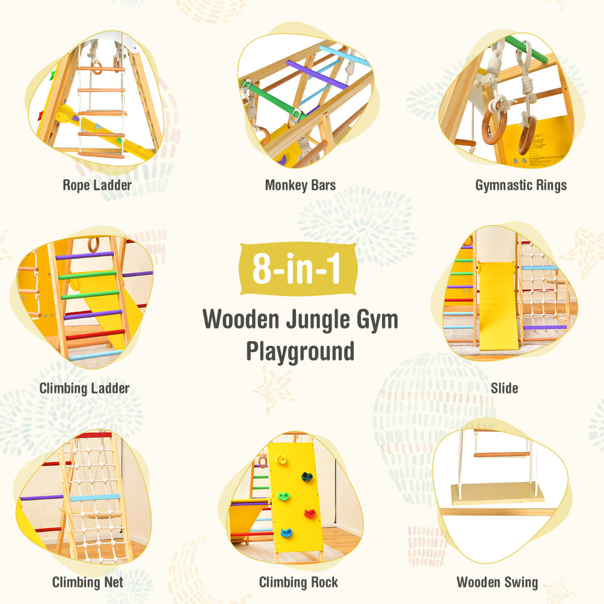 LIVSK 8-in-1 Houten Speelplaats - Klimrek, Turnringen, Glijbaan, Touwladder - Voor 4 Kinderen - 127 x 118 x 138 cm - Kleurrijk