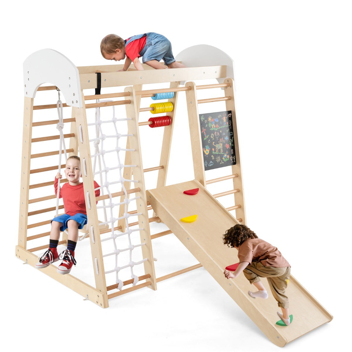 LIVSK 8-in-1 Klimcentrum - Glijbaan, Klimrots, Schommel en Meer - Veilig Berkenhout - Draagvermogen 50 kg - Voor Kinderen Vanaf 3