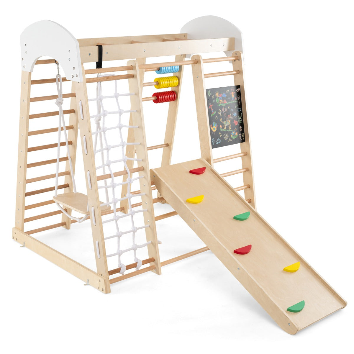 LIVSK 8-in-1 Klimcentrum - Glijbaan, Klimrots, Schommel en Meer - Veilig Berkenhout - Draagvermogen 50 kg - Voor Kinderen Vanaf 3