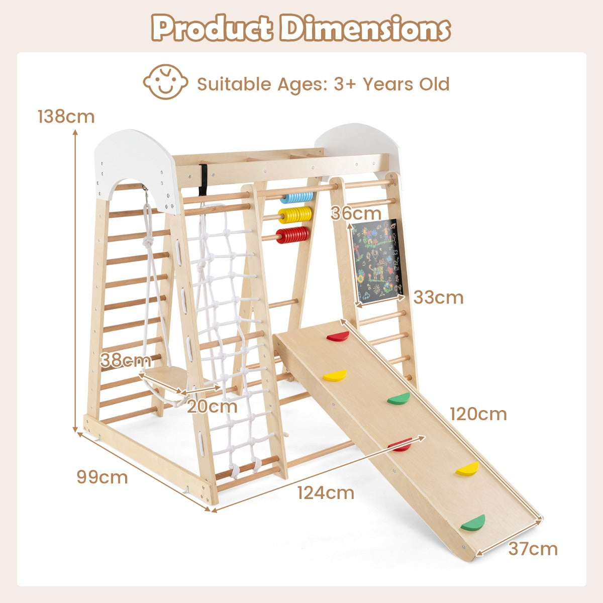 LIVSK 8-in-1 Klimcentrum - Glijbaan, Klimrots, Schommel en Meer - Veilig Berkenhout - Draagvermogen 50 kg - Voor Kinderen Vanaf 3