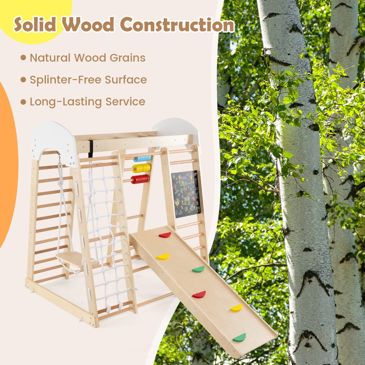 LIVSK 8-in-1 Klimcentrum - Glijbaan, Klimrots, Schommel en Meer - Veilig Berkenhout - Draagvermogen 50 kg - Voor Kinderen Vanaf 3