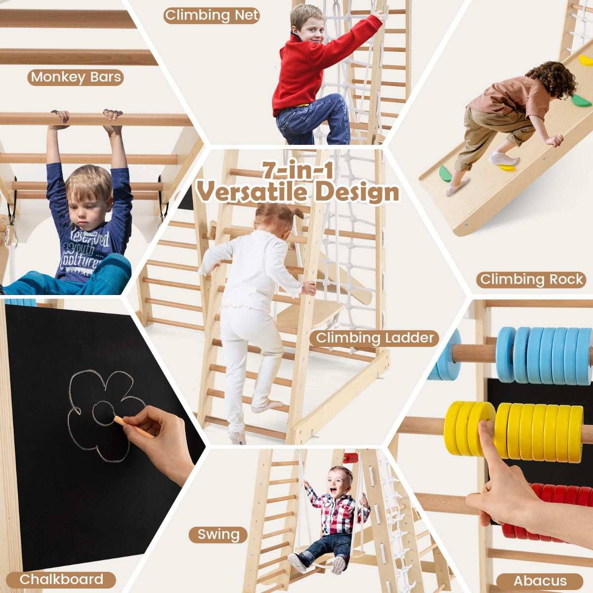 LIVSK 8-in-1 Klimcentrum - Glijbaan, Klimrots, Schommel en Meer - Veilig Berkenhout - Draagvermogen 50 kg - Voor Kinderen Vanaf 3