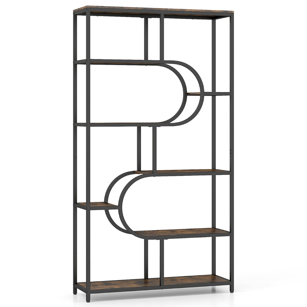 Livsk costway 8 laags geometrische boekenkast met open houten planken en metalen frame bruin