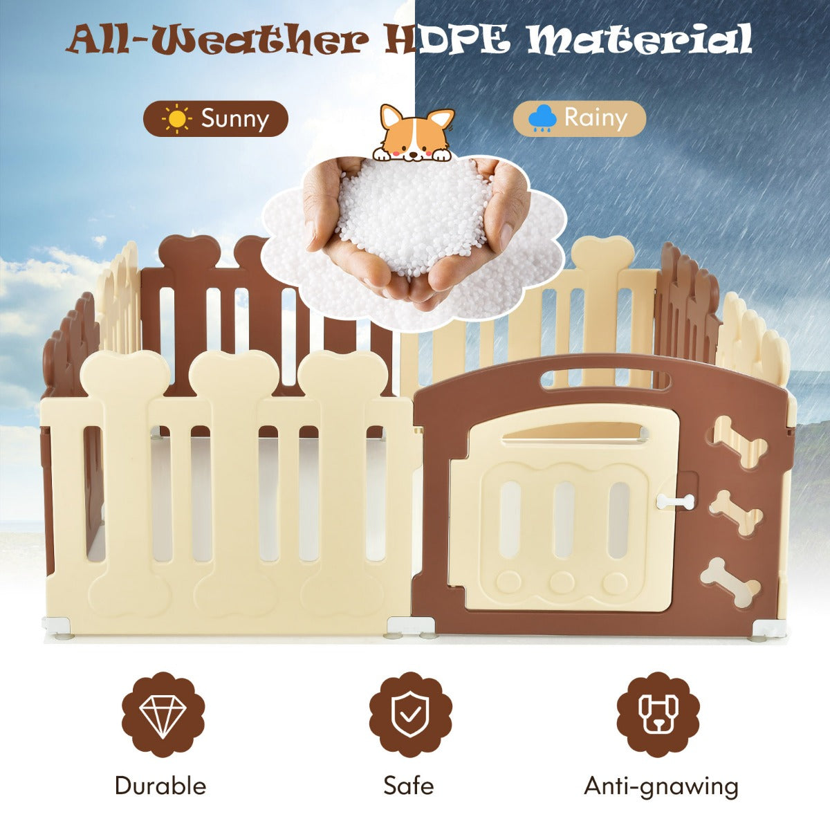 LIVSK Weerbestendige Huisdierbox - HDPE Materiaal - 8 Panelen met Deur - Voor Huisdieren tot 35 cm - Binnen en Buiten - Beige +