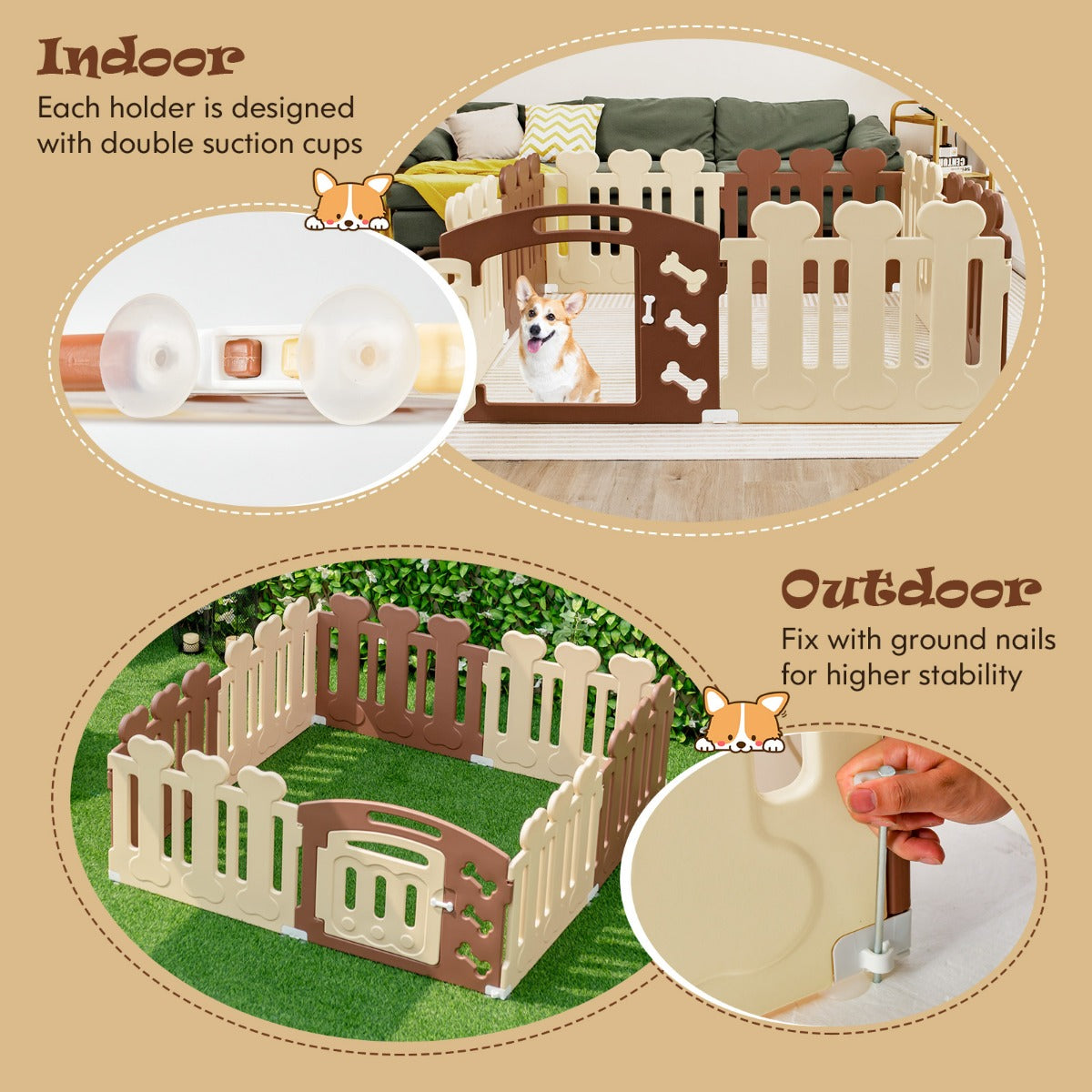 LIVSK Weerbestendige Huisdierbox - HDPE Materiaal - 8 Panelen met Deur - Voor Huisdieren tot 35 cm - Binnen en Buiten - Beige +