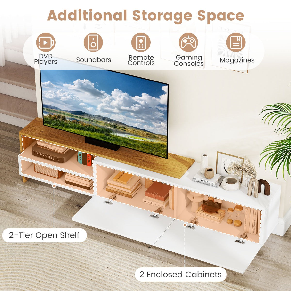 Livsk costway 80 inch televisiekast entertainmentcentrum met opbergplanken metalen kast en standaard 4