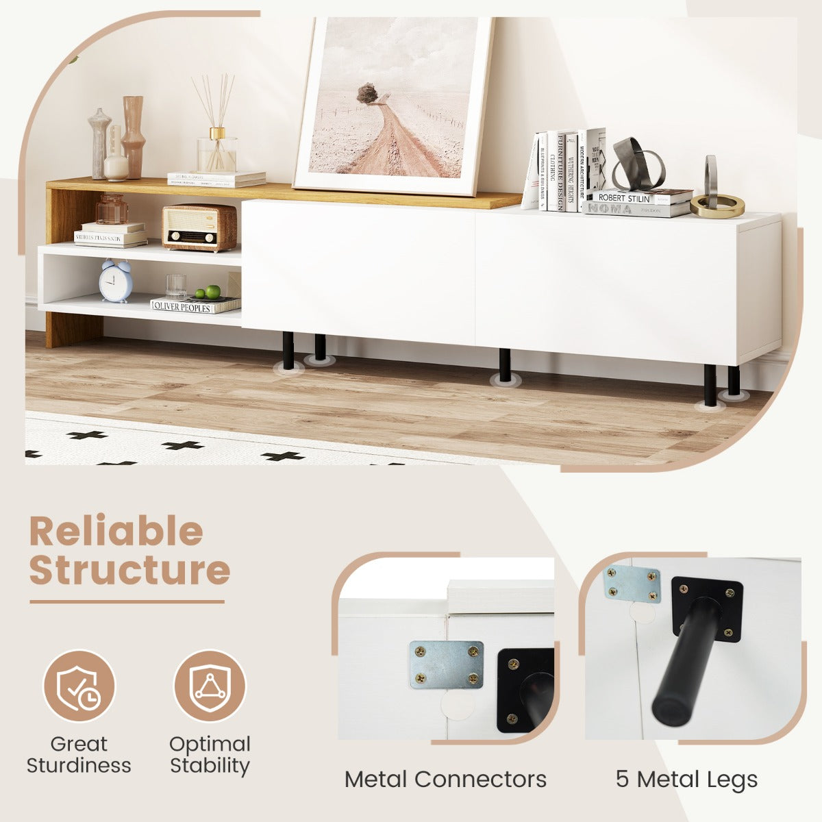 Livsk costway 80 inch televisiekast entertainmentcentrum met opbergplanken metalen kast en standaard 6