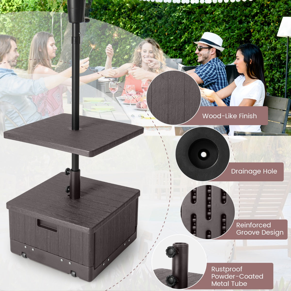 LIVSK 3-in-1 Parasolstandaard met Tafelblad - Stevige HDPE en Metaal - Wielen en Handvat - Geschikt voor 38/48 mm Parasols - Bruin