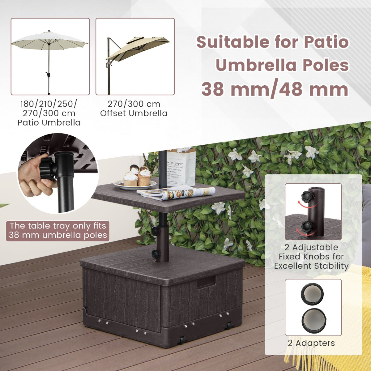 LIVSK 3-in-1 Parasolstandaard met Tafelblad - Stevige HDPE en Metaal - Wielen en Handvat - Geschikt voor 38/48 mm Parasols - Bruin
