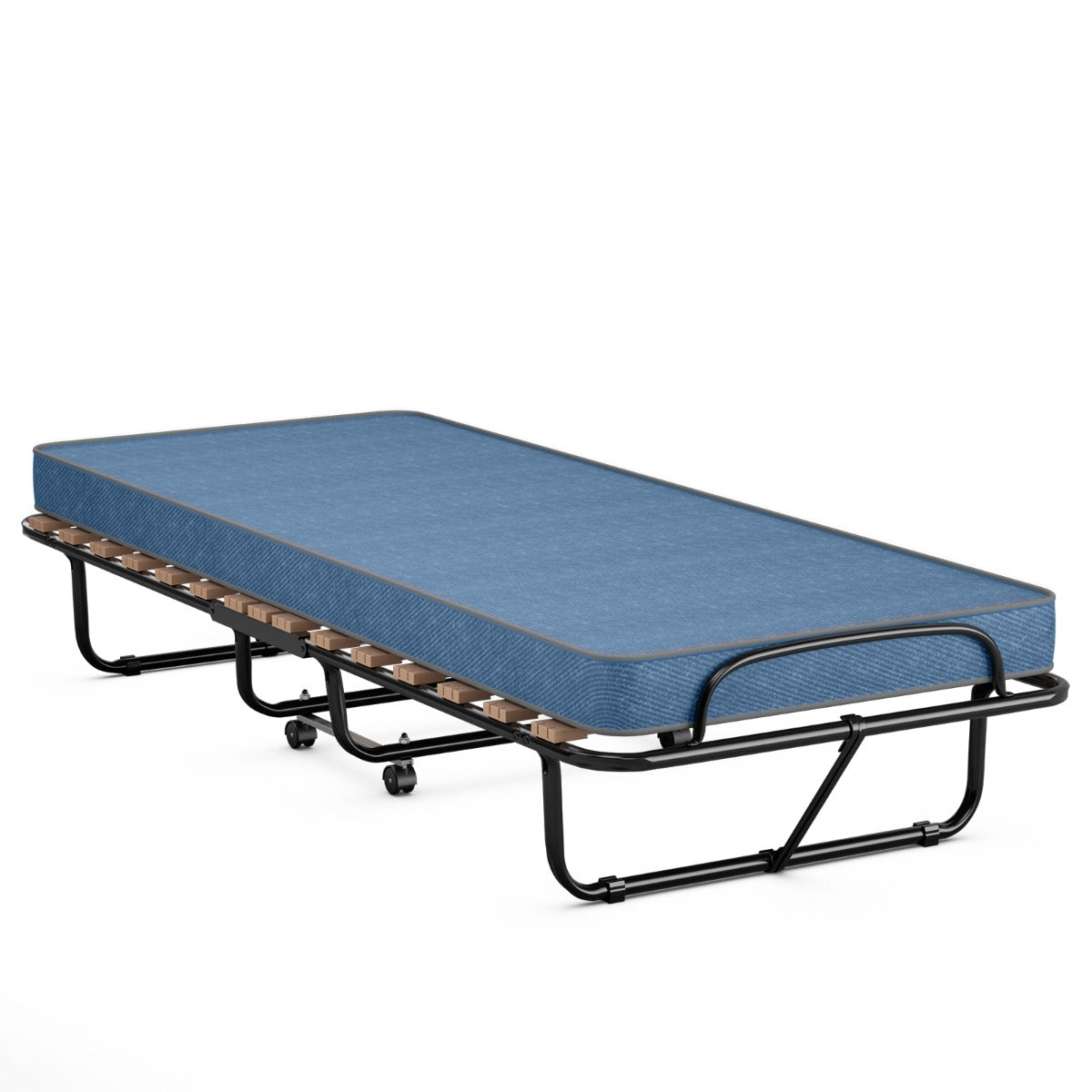 LIVSK Inklapbaar Logeerbed met Traagschuim - Staal Frame tot 130 kg - 4 Wielen voor Eenvoudig Verplaatsen - Blauw/Zwart