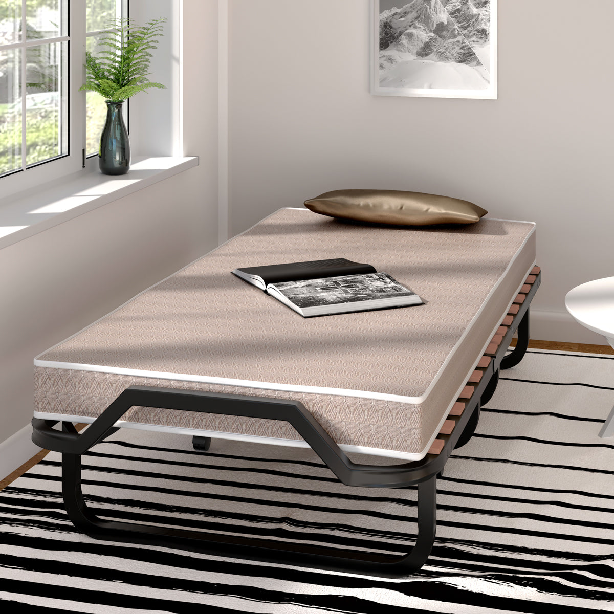 LIVSK Vouwbed met Traagschuim Matras - Stevig Stalen Frame - Opvouwbaar en Verplaatsbaar - Tot 120 kg - Zwart/Beige