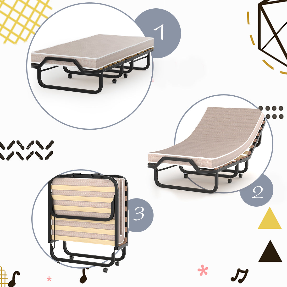 LIVSK Vouwbed met Traagschuim Matras - Stevig Stalen Frame - Opvouwbaar en Verplaatsbaar - Tot 120 kg - Zwart/Beige