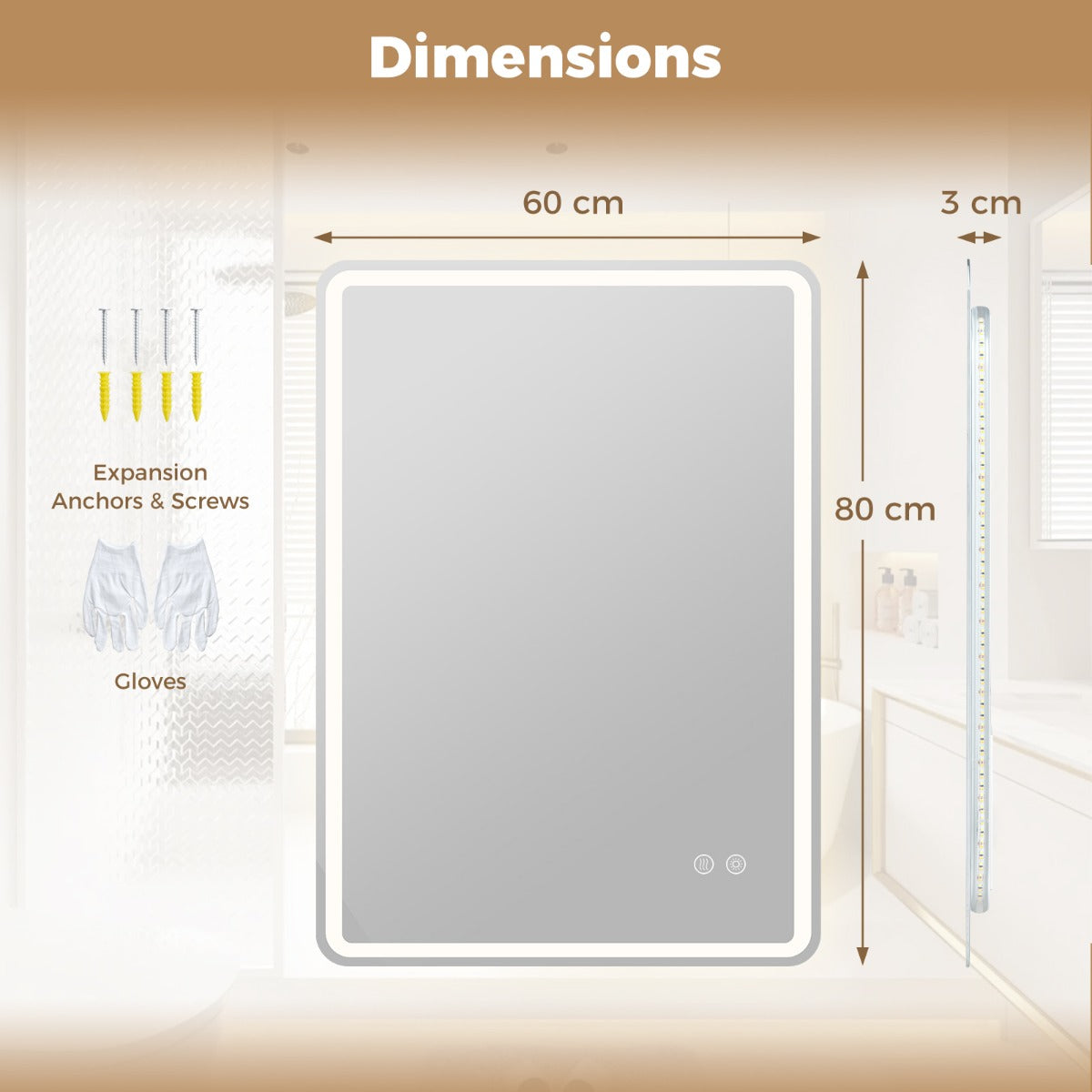 Livsk costway 80 x 60 cm led badkamerspiegel onbreekbare rechthoekige wandspiegel van gehard glas instelbare kleurtemperatuur in drie kleuren 1