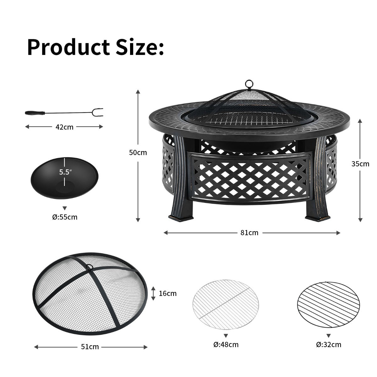 LIVSK Ronde Vuurschaal 81 cm - Multifunctioneel als Vuurkorf, Barbecue of IJsbak - Inclusief Pook en Regenhoes - Zwart