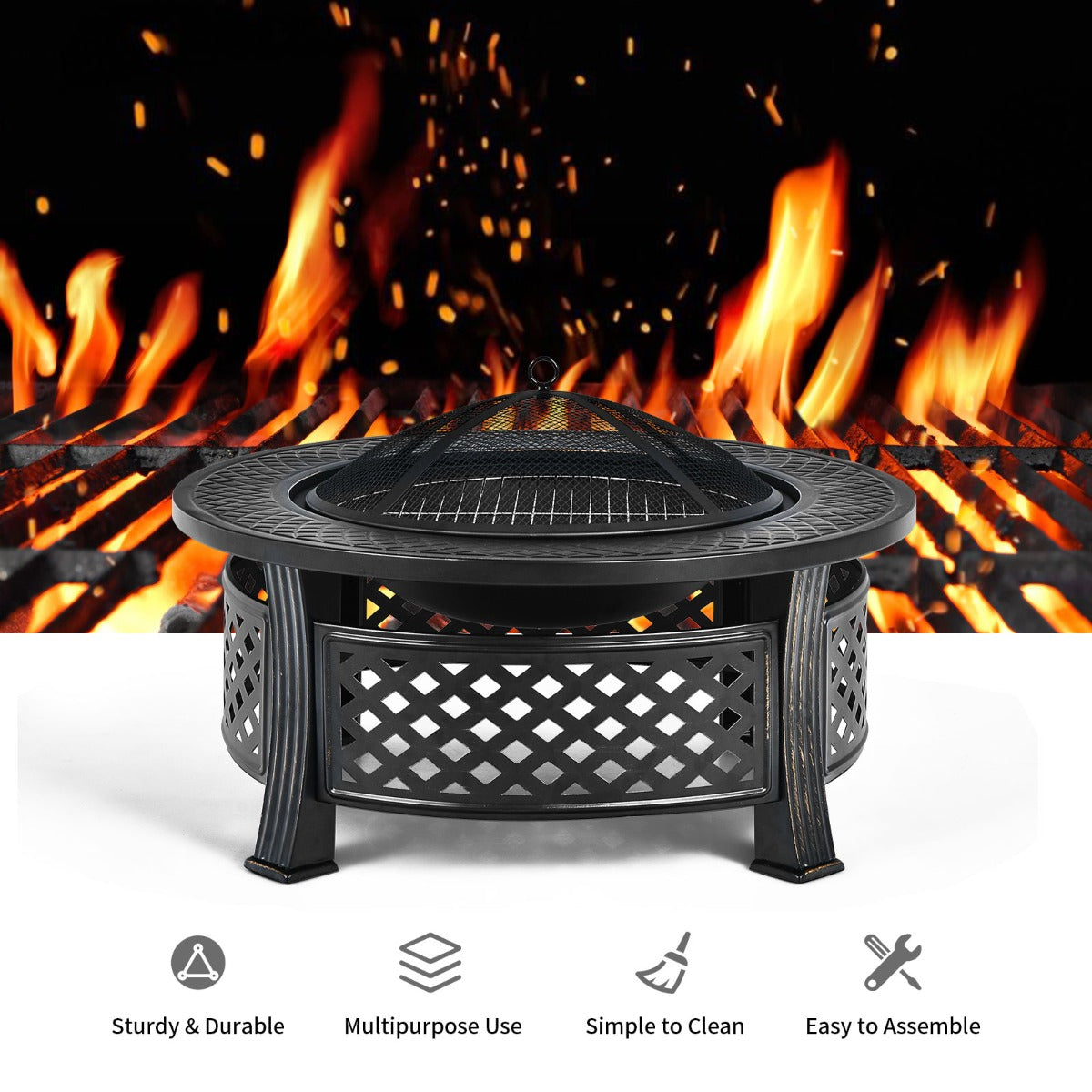 LIVSK Ronde Vuurschaal 81 cm - Multifunctioneel als Vuurkorf, Barbecue of IJsbak - Inclusief Pook en Regenhoes - Zwart