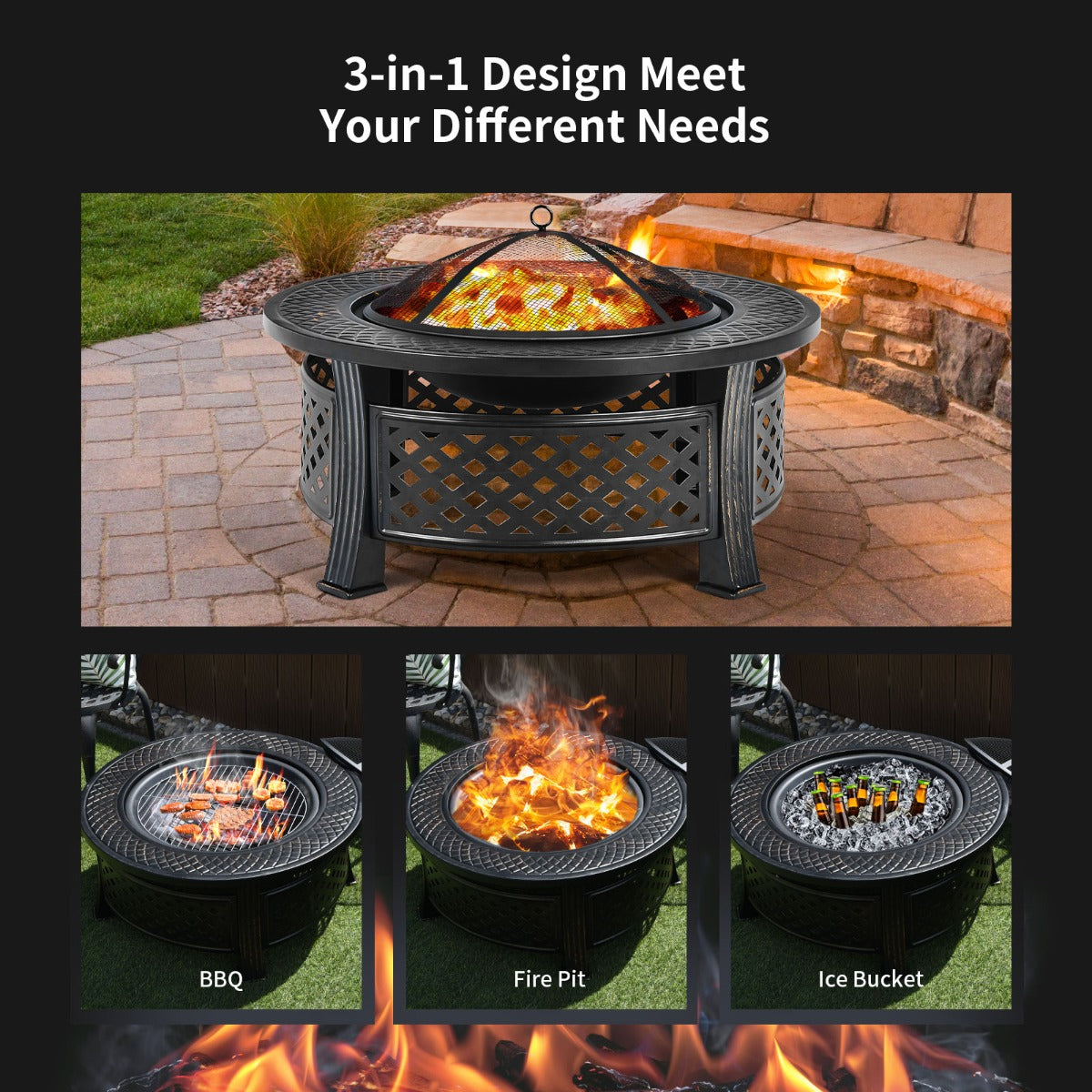 LIVSK Ronde Vuurschaal 81 cm - Multifunctioneel als Vuurkorf, Barbecue of IJsbak - Inclusief Pook en Regenhoes - Zwart