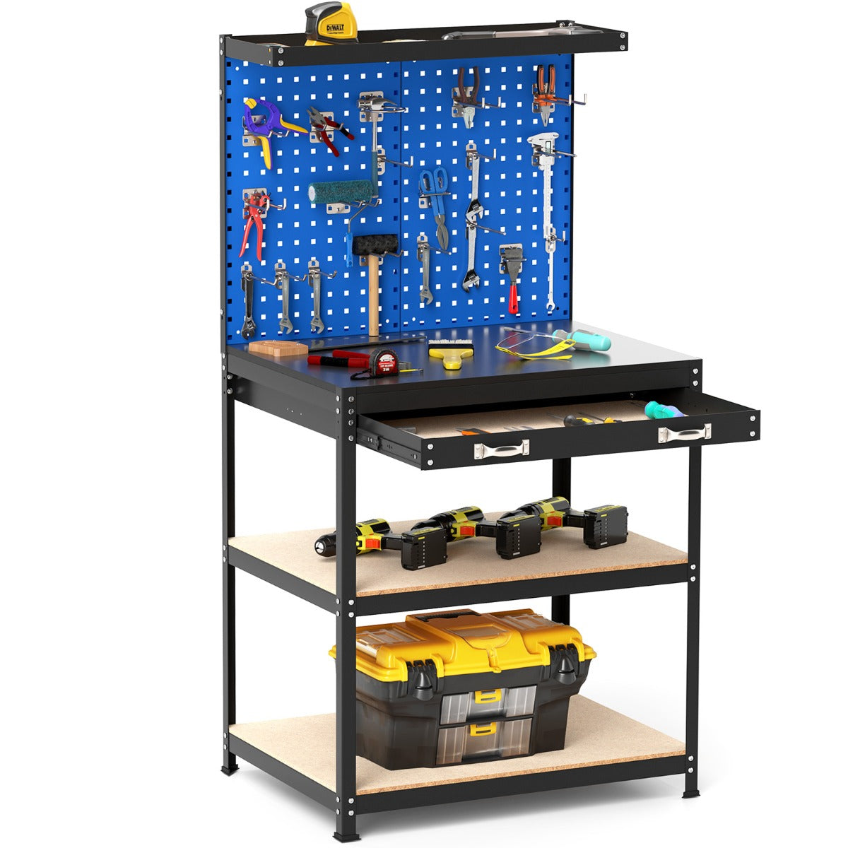 LIVSK Werkbank met Geperforeerd Paneel - Robuust Metaal - Totale Belastbaarheid 225 kg - Inclusief 20 Ophanghaken - 81 x 41 x 156