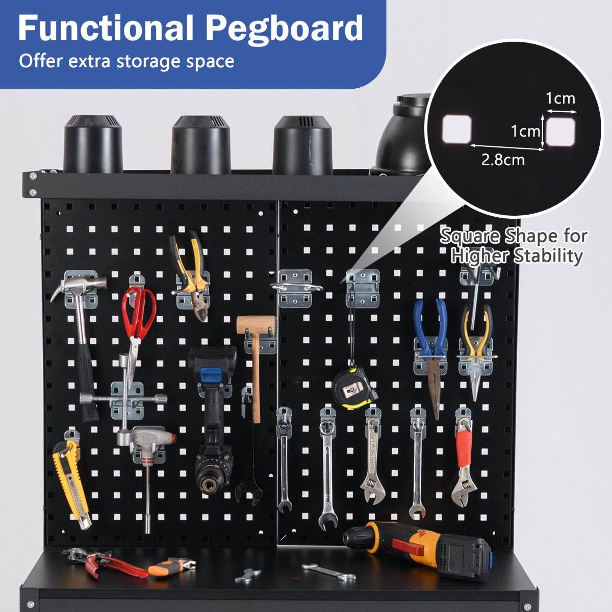 LIVSK Geperforeerde Werkbank - Robuuste Tafel met Bovenste Plank en Lade - Tot 225 kg - Inclusief Ophangaccessoires - Zwart
