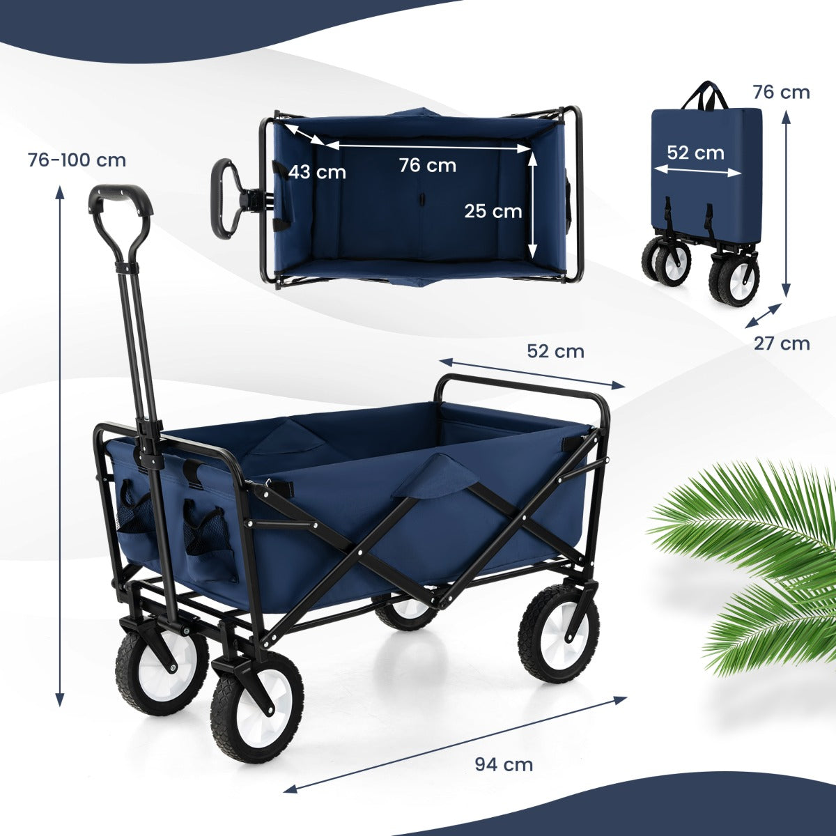 LIVSK Opvouwbare Trolley - 82 L Capaciteit - Verstelbare Handgreep - 2 Bekerhouders - Draagvermogen 68 kg - Marineblauw