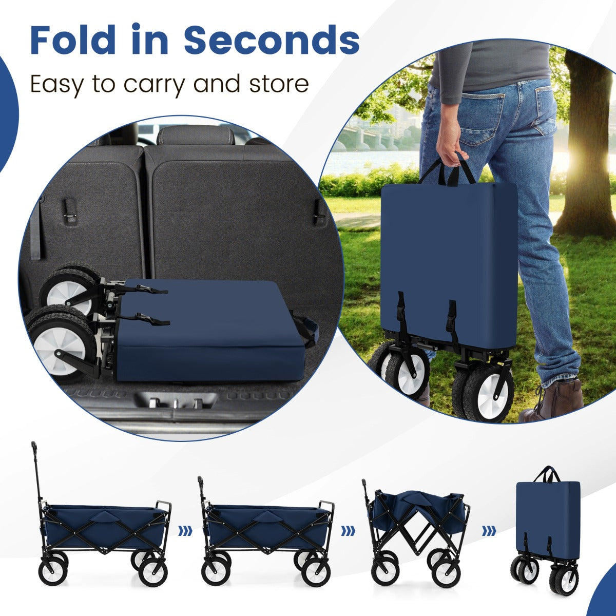 LIVSK Opvouwbare Trolley - 82 L Capaciteit - Verstelbare Handgreep - 2 Bekerhouders - Draagvermogen 68 kg - Marineblauw