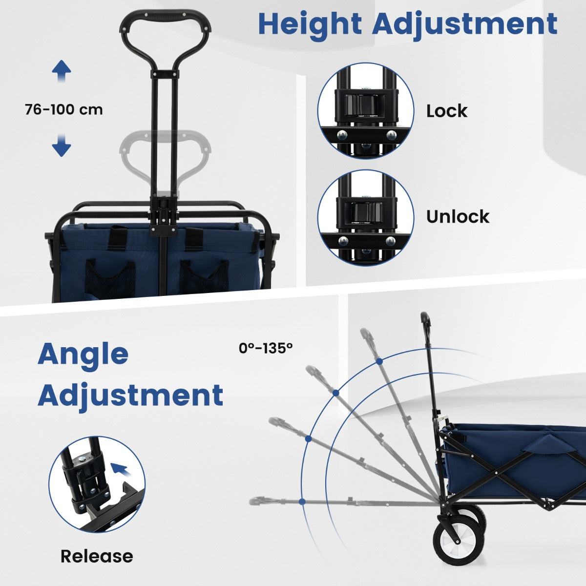 LIVSK Opvouwbare Trolley - 82 L Capaciteit - Verstelbare Handgreep - 2 Bekerhouders - Draagvermogen 68 kg - Marineblauw