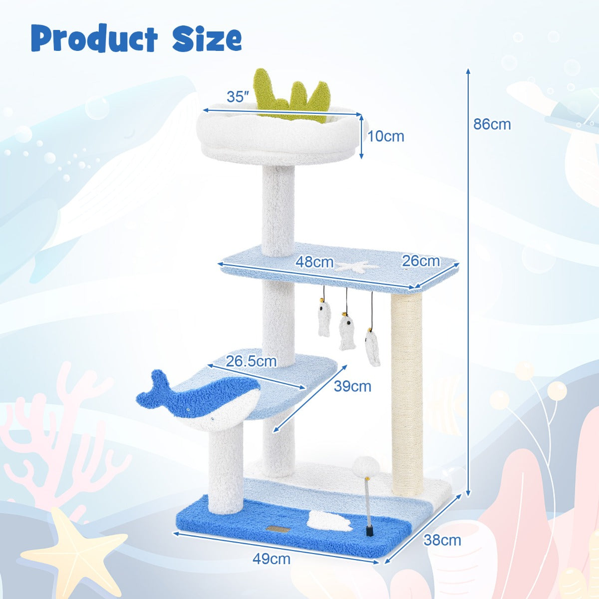 LIVSK Kattenactiviteitencentrum - Multifunctioneel met Zitstok en Platforms - Oceaanthema - Stabiel en Veilig - 49 x 38 x 86 cm -