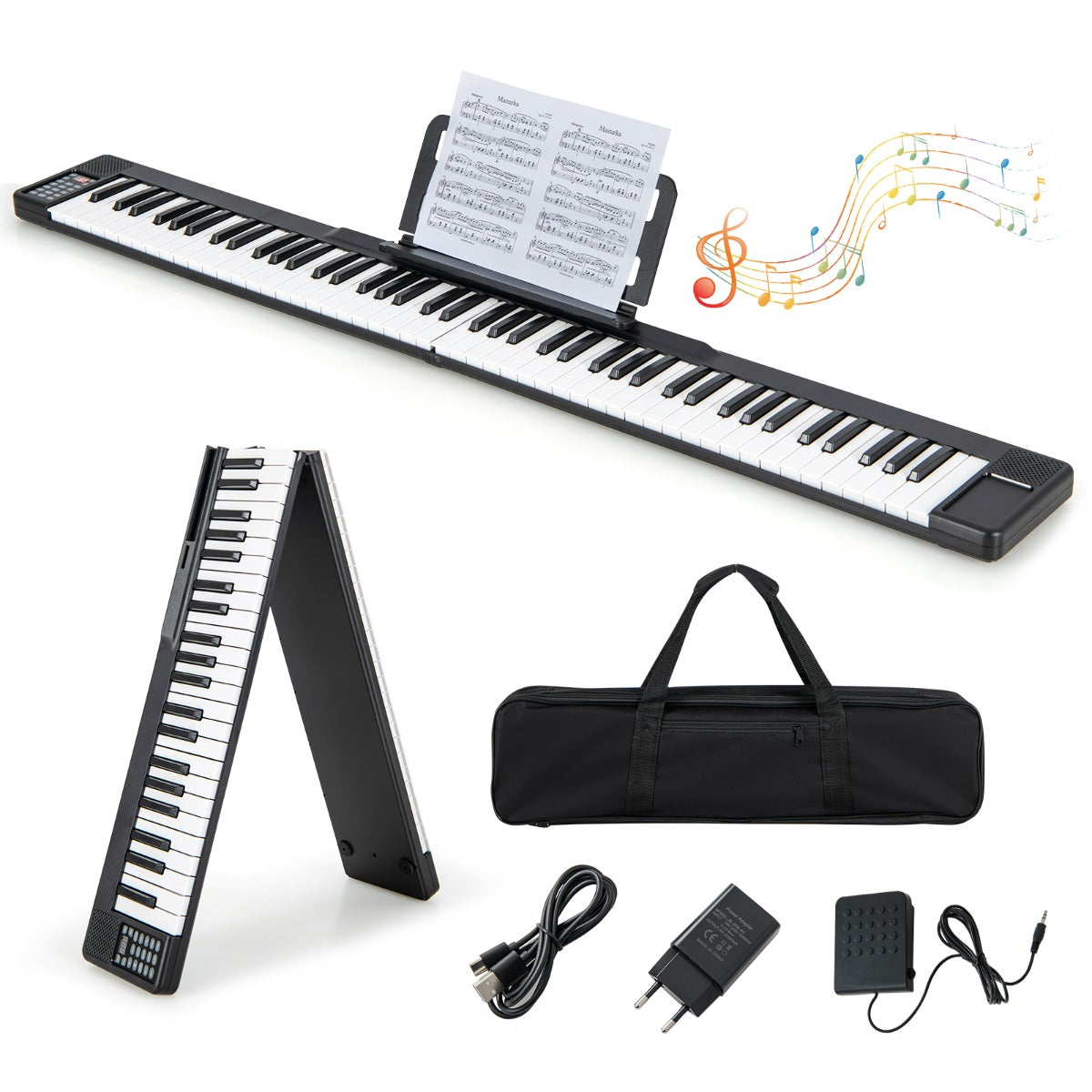 LIVSK Opvouwbaar Elektronisch Keyboard - 88 Gevoelige Toetsen - Bluetooth MIDI - 128 Geluiden en Ritmes - Draagtas - Zwart + Wit