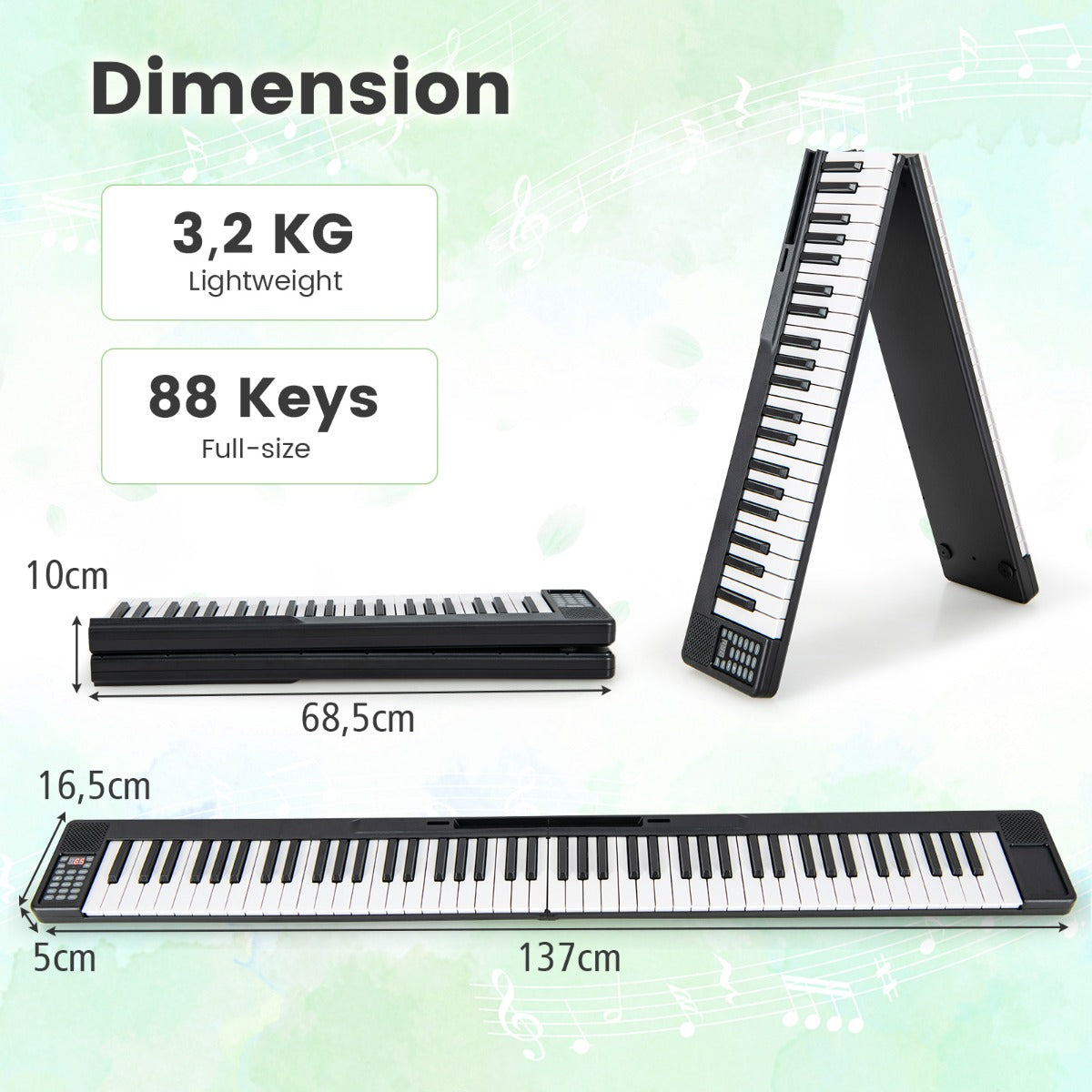 LIVSK Opvouwbaar Elektronisch Keyboard - 88 Gevoelige Toetsen - Bluetooth MIDI - 128 Geluiden en Ritmes - Draagtas - Zwart + Wit