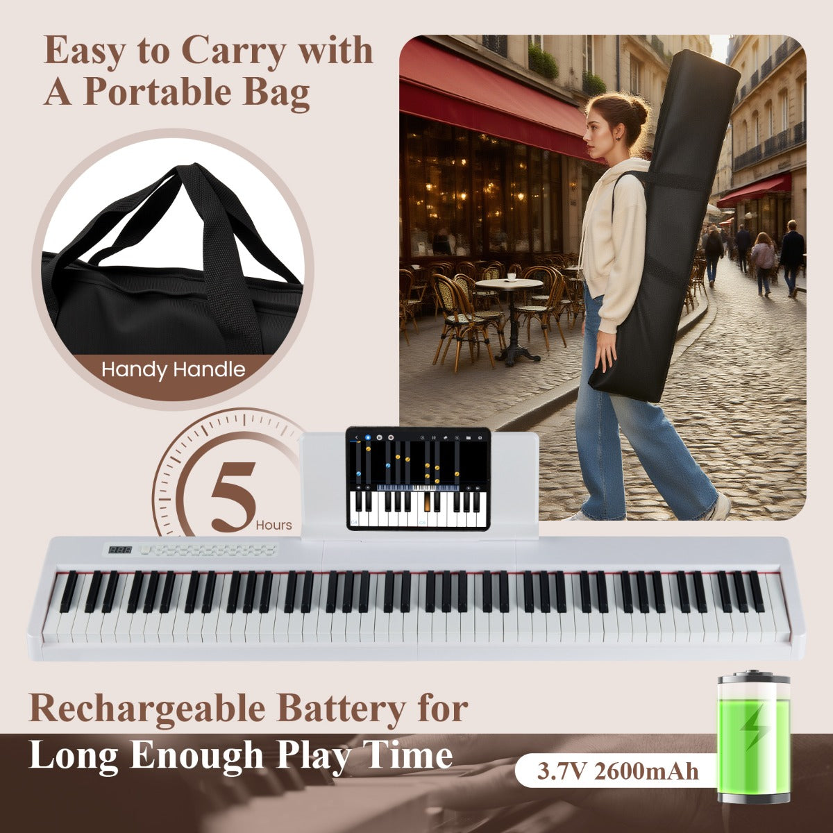 LIVSK Digitale Piano Keyboard - 88 Aanslaggevoelige Toetsen - Draagbaar met Adapter en Oplaadbare Batterij - Inclusief