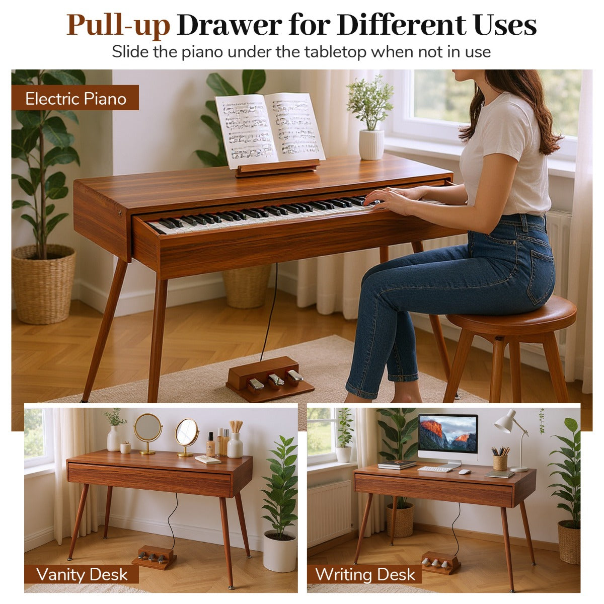Livsk costway 88 toetsen graded hammer action weighted keyboard piano met push pull lade opname weergave digitale piano voor beginners 4
