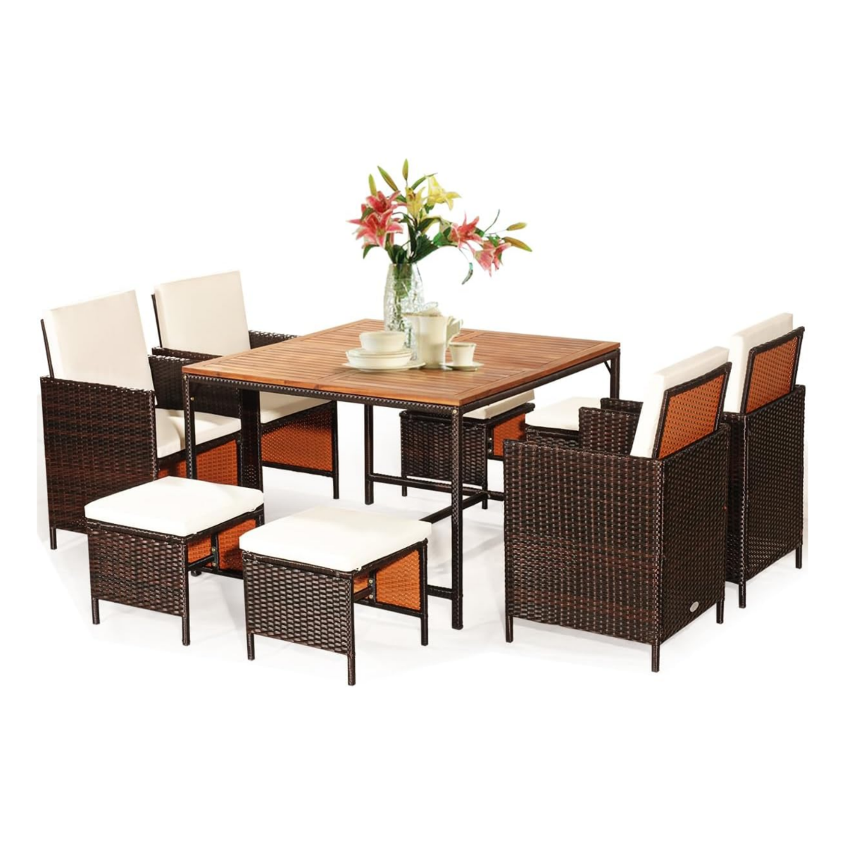 LIVSK 9-Delige Tuinmeubelset - PE-Rotan - Acaciahouten Tafel met Parasolgat - 8 Zitplaatsen - Ruimtebesparend - Grijs